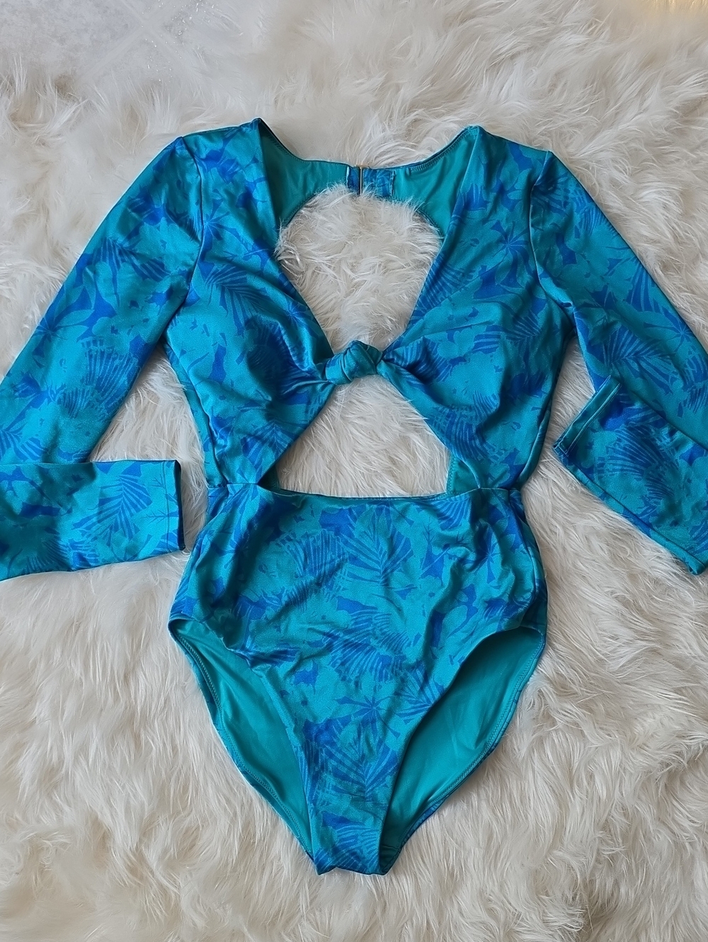 Victoria's Secret Blue Tropical Long Sleeve Cutout One Piece Swimsuit SIZE S